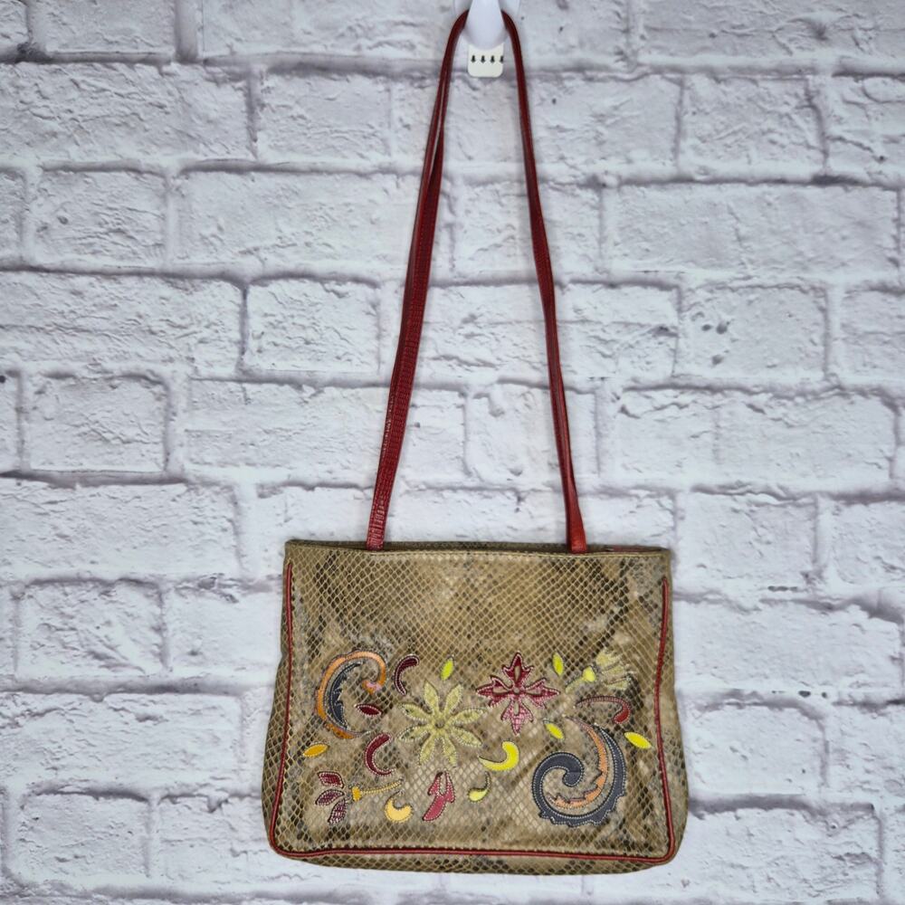 VTG 90s Francesco Biasia Embroidered Snakeskin Leather Shoulder Bag Y2K Italy.
